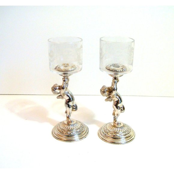 Pairpoint Silver Plate Cherub Votive Holders with Etched Glass PAIR - Picture 4 of 9